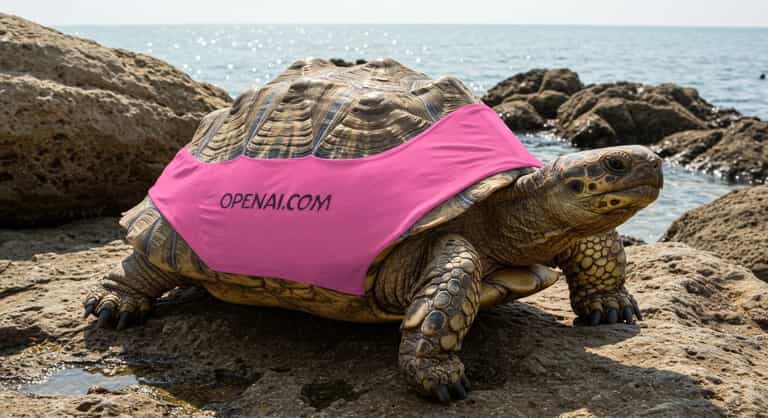 Tortoise in Branded Attire by the Sea