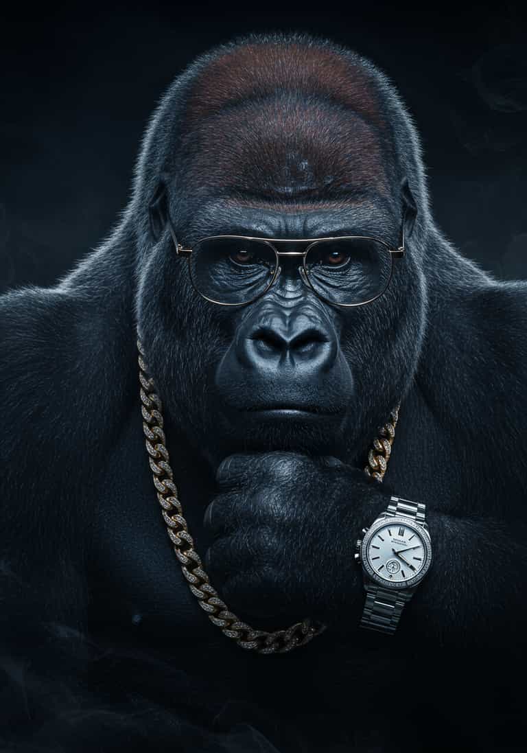 Contemplative Gorilla in Urban Attire