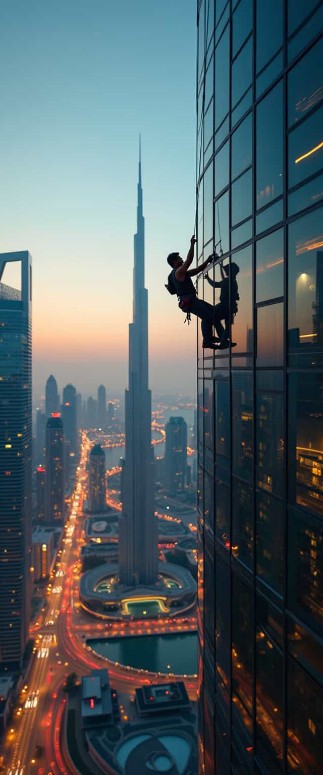 High-Rise Window Washers at Sunset