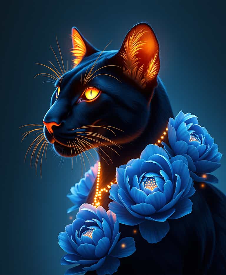 Mystical Night Cat with Glowing Flora