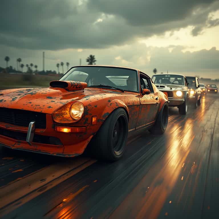 Street Race at Dusk: The Orange Muscle Car Leads