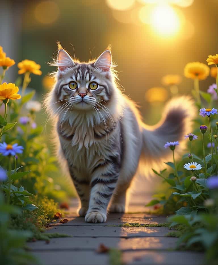 Sunlit Stroll: A Cat in the Garden