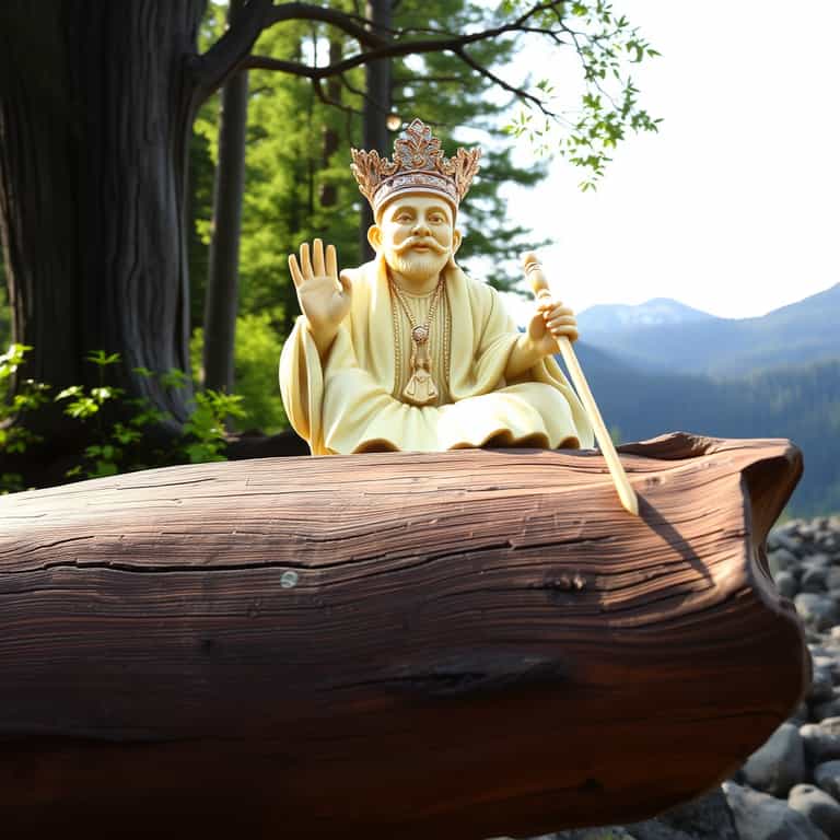 Golden Deity on Wooden Log in Forest
