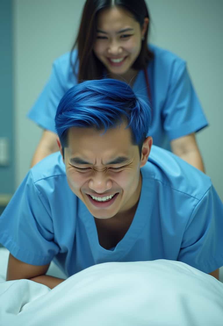 **Blue-Haired Caregiver in Hospital Setting**