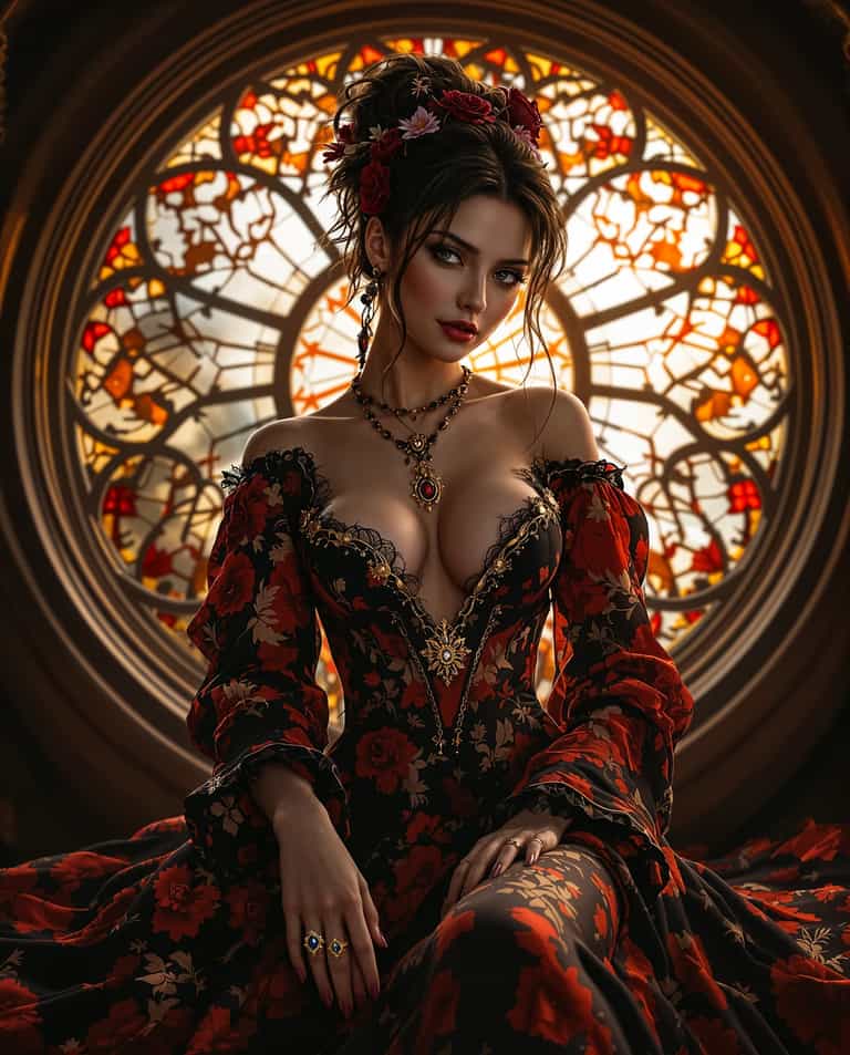 **Regal Elegance: A Portrait Before Stained Glass**