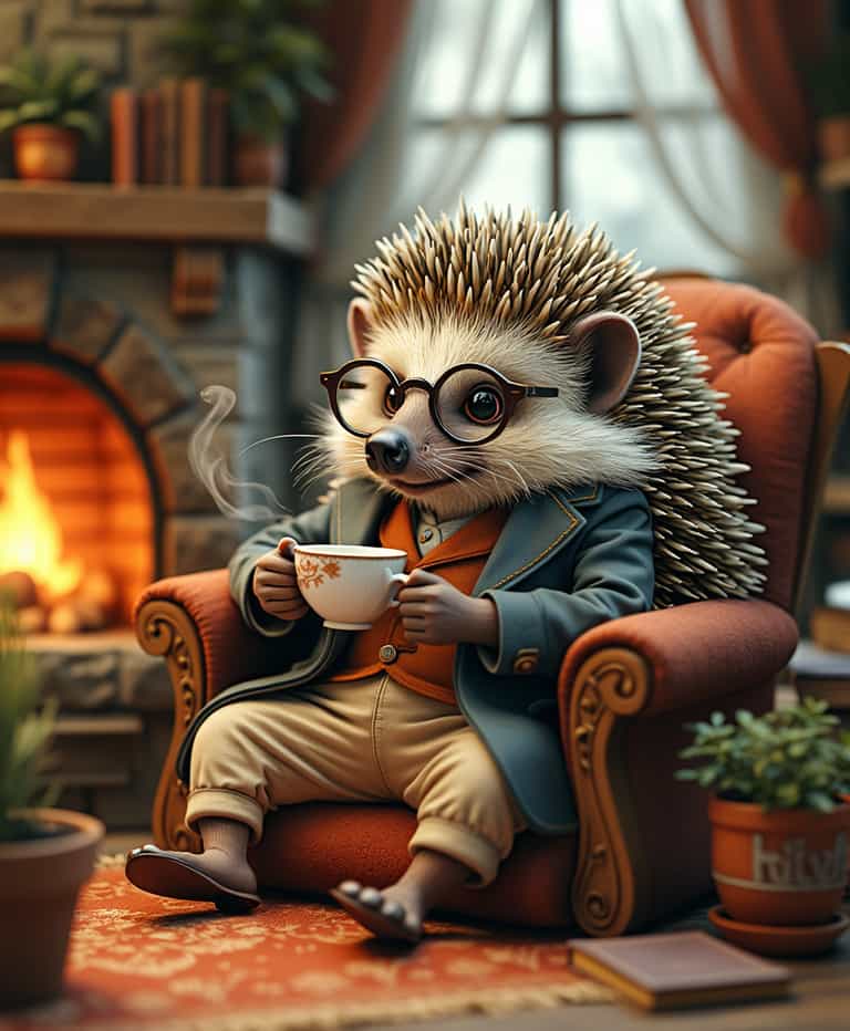 Cozy Evening with a Scholarly Hedgehog