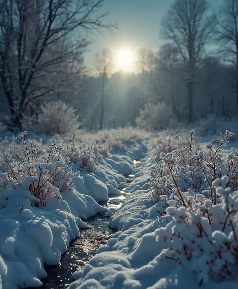 Winter Sunrise Over Frozen Stream