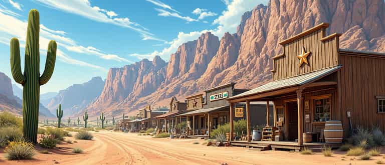 Sunlit Western Town at the Foot of Red Rocks