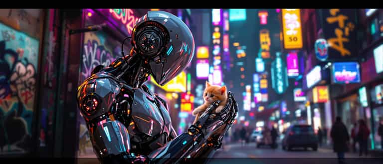 Neon Embrace: Robot and Kitten in a Cyberpunk Cityscape