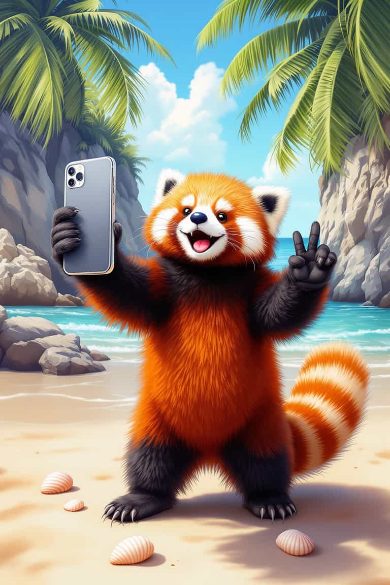 Beach Selfie: The Joyful Red Panda