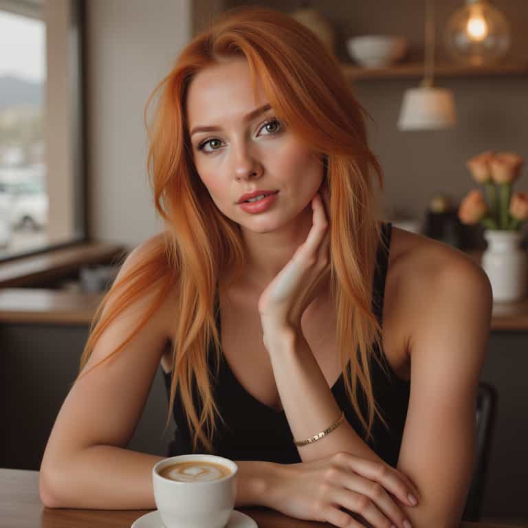 Red-Haired Woman in Cozy Café