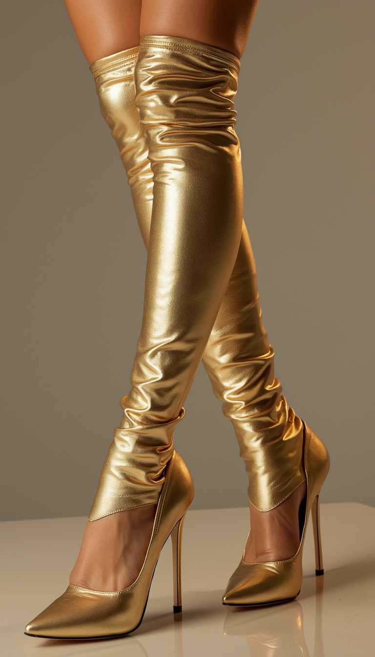 Golden Elegance: High-Heeled Thigh-High Boots