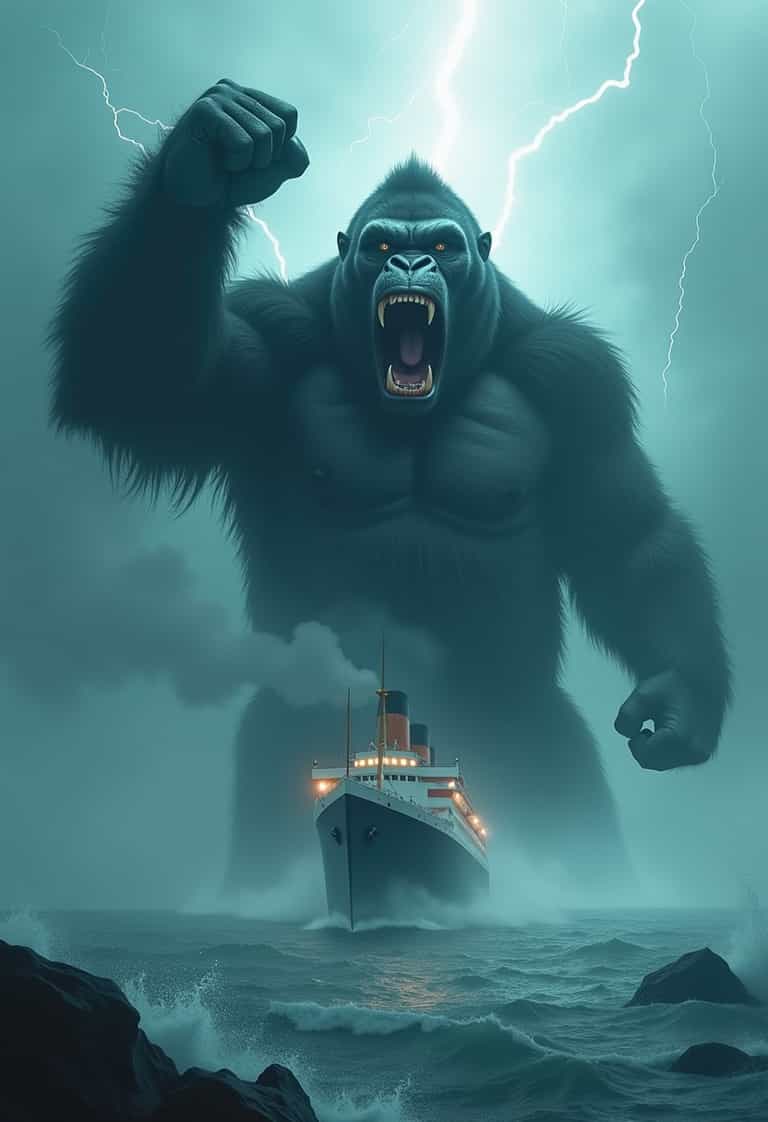 Giant Gorilla vs. Ocean Liner in Stormy Seas