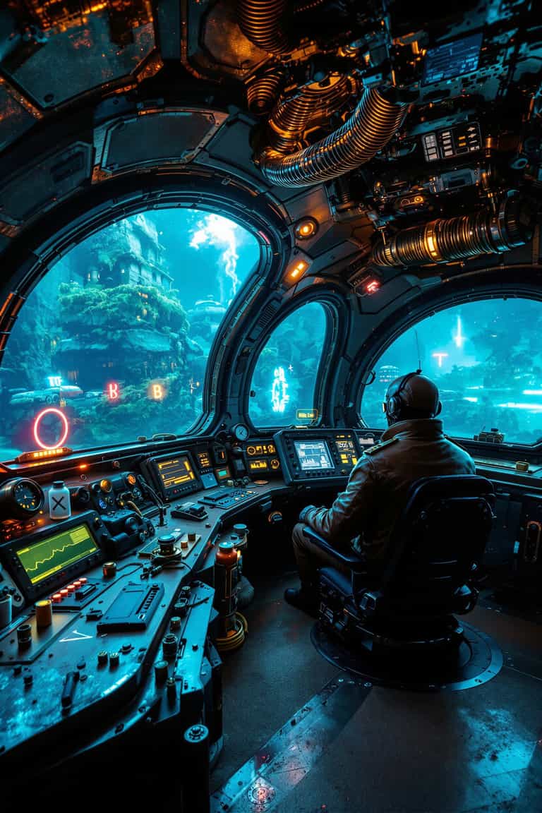 Submarine Pilot in Neon Underwater City