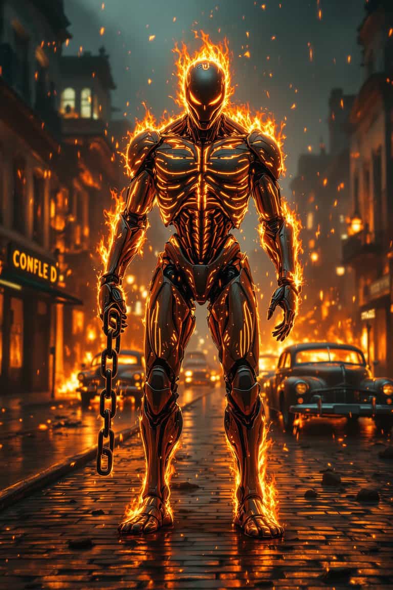 Inferno Guardian: The Fiery Robot Sentinel