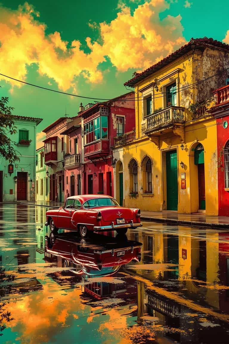 Golden Reflections on a Colorful Street