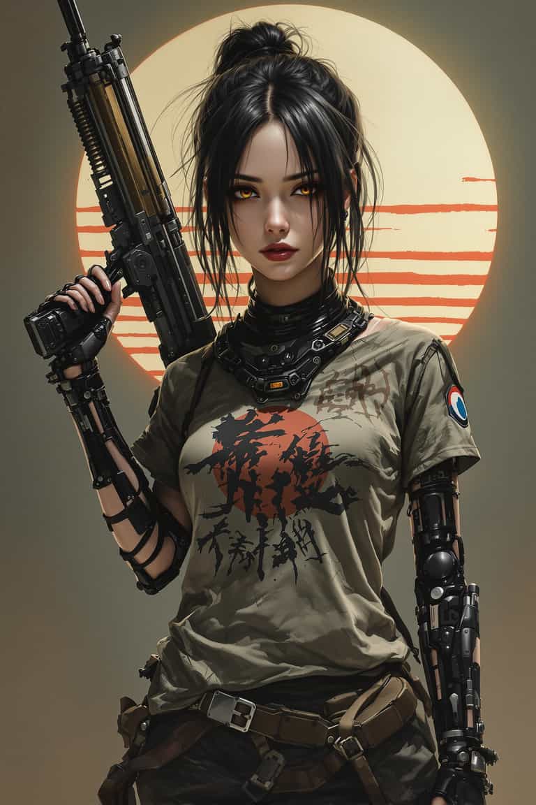 Cyberpunk Warrior with Rising Sun