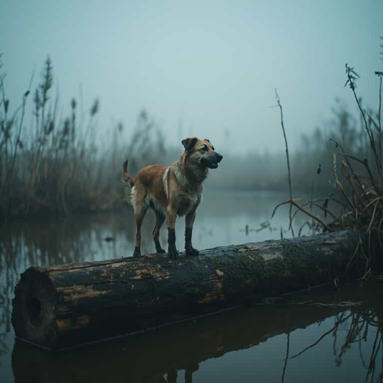 Dog on a Foggy Marsh Log