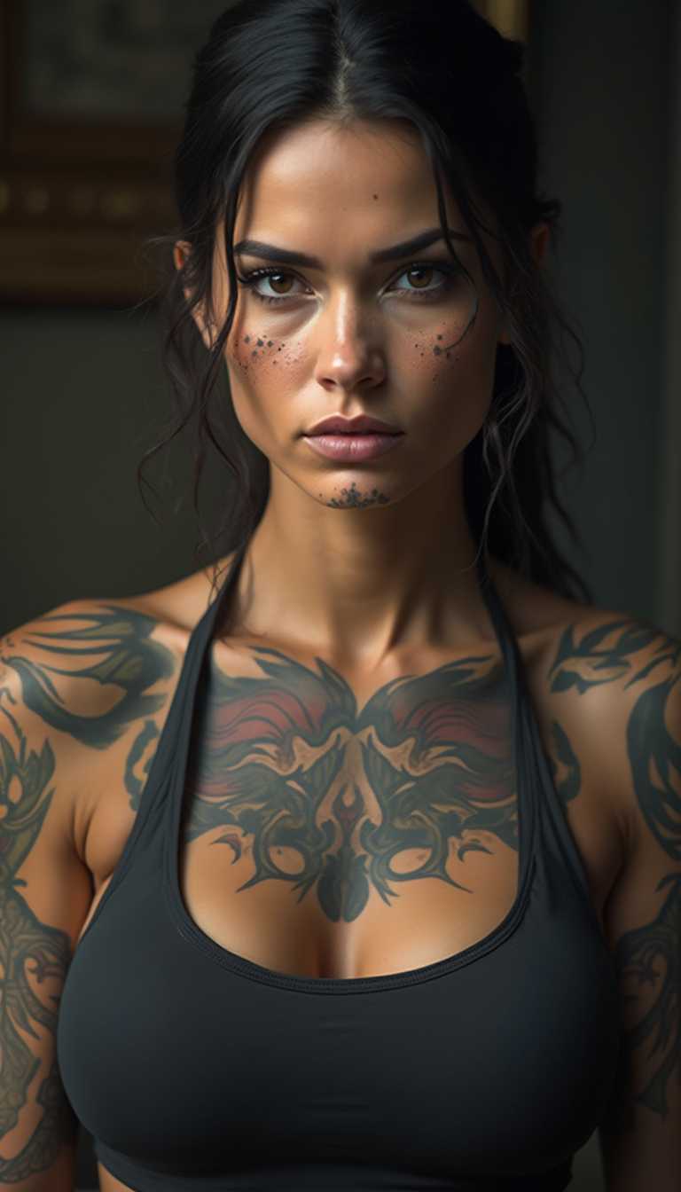 Intricate Tattoos and Fierce Expression
