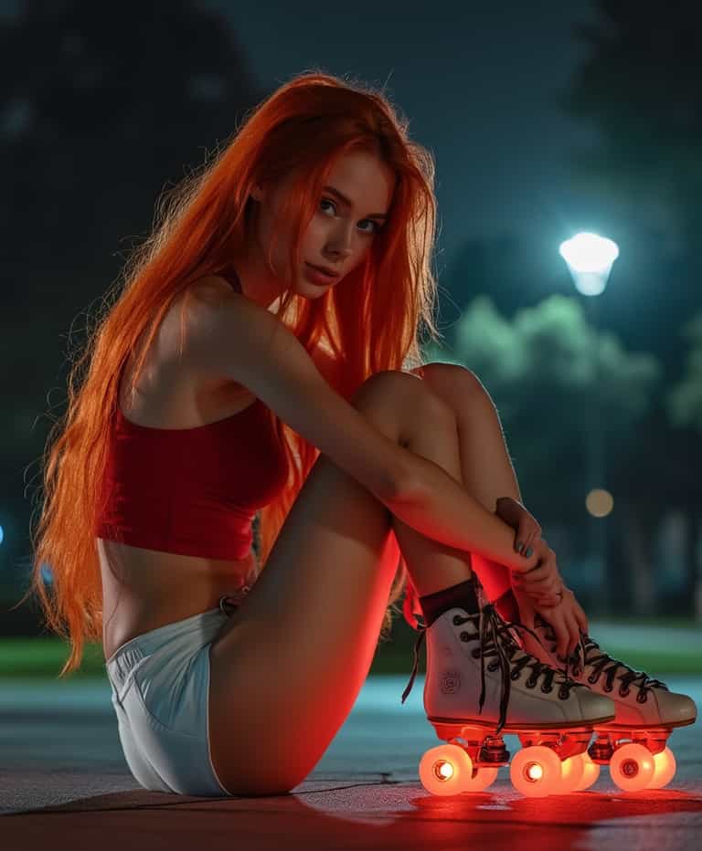 Nighttime Skater with Glowing Wheels