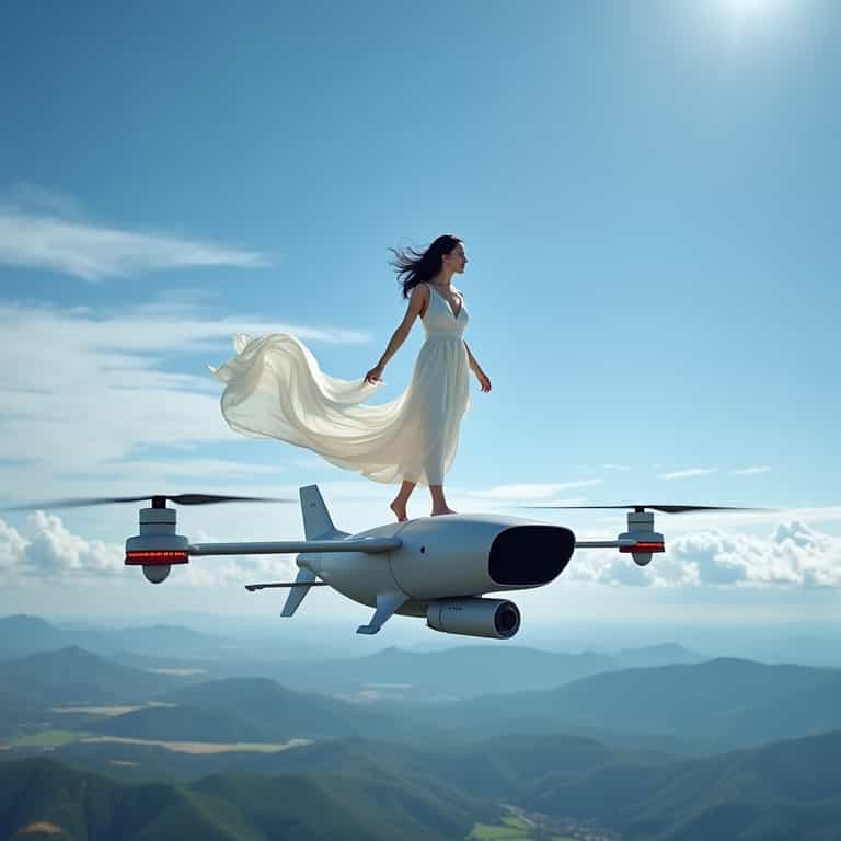 Floating Elegance: Woman and Drone Above the Mountains