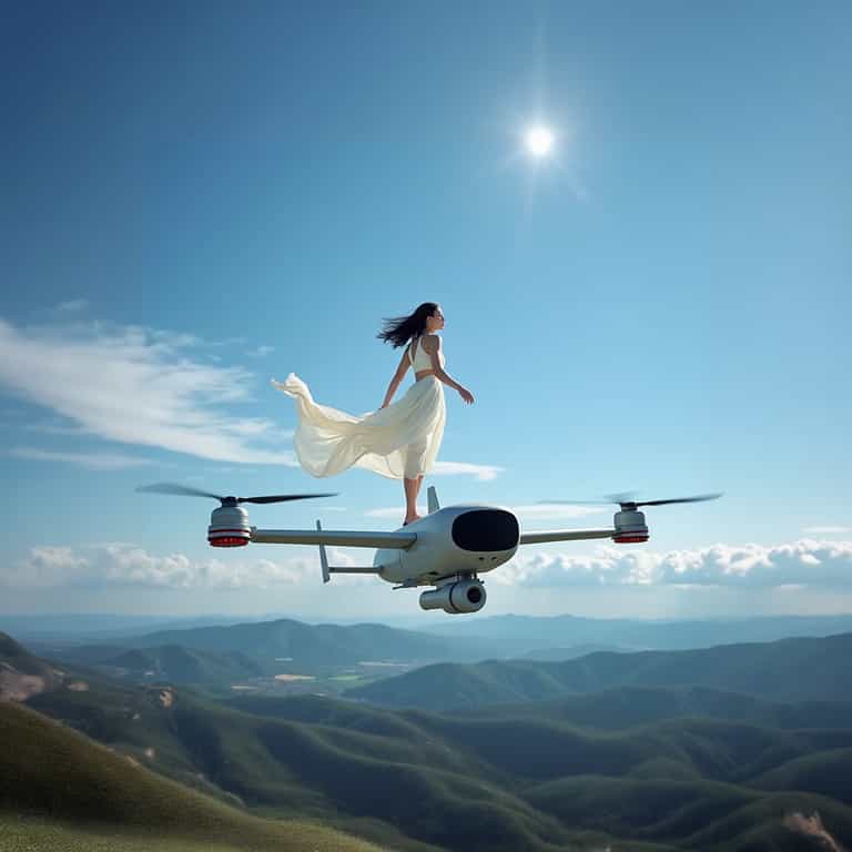 Flying into the Future: Woman on Drone Over Rolling Hills