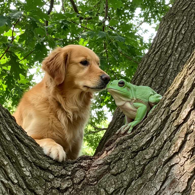 Curious Companions: Dog and Frog in a Tree