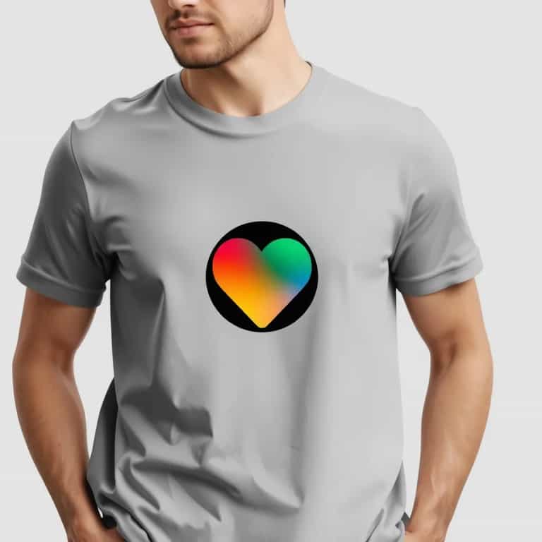 Man in Grey T-Shirt with Colorful Heart Design
