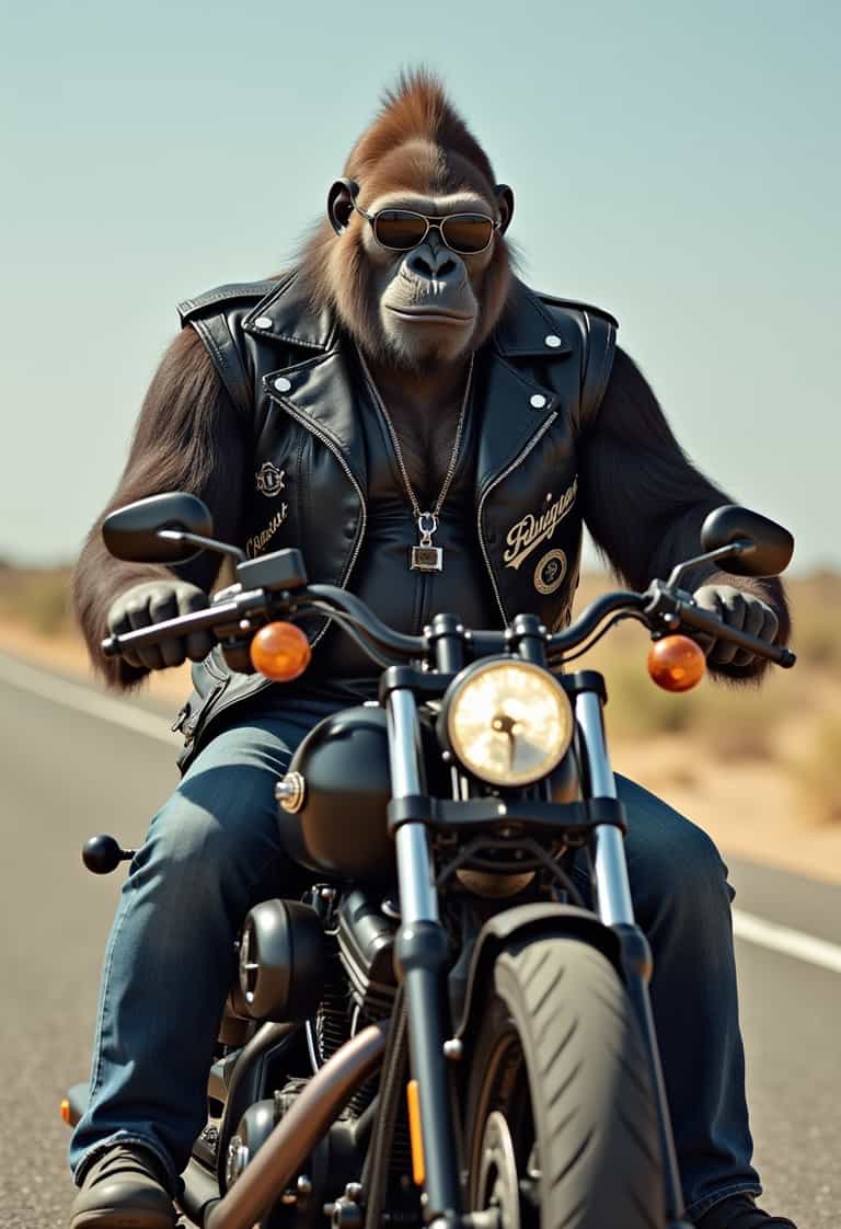 Chimpanzee Biker on the Open Road