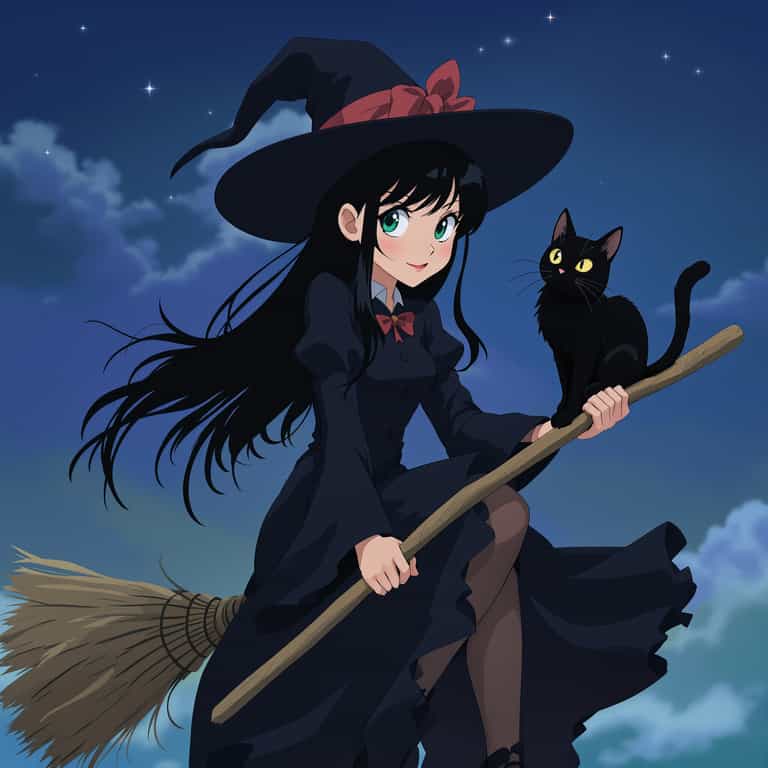 Witch and Cat in Night Sky