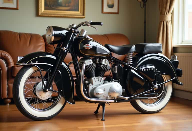 Classic Motorcycle in a Vintage Living Room