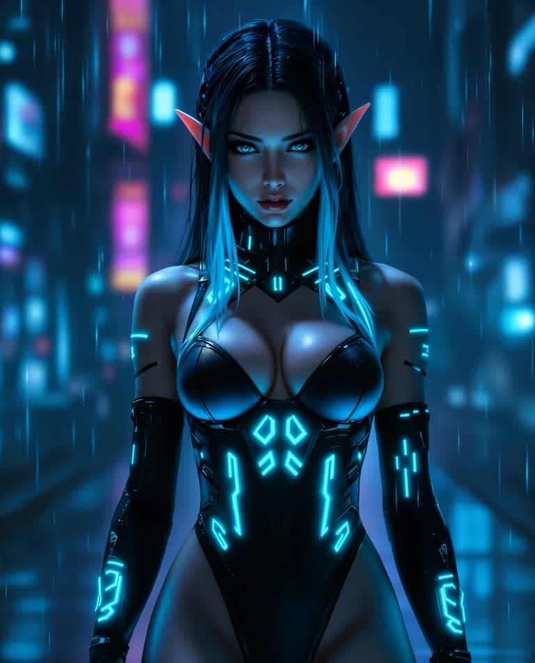 **Cyberpunk Elf in Neon Rain**