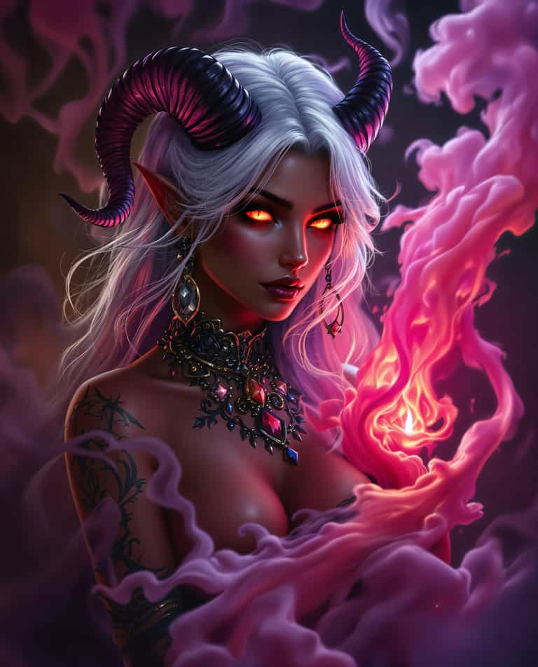 Enchanted Demoness with Glowing Flame
