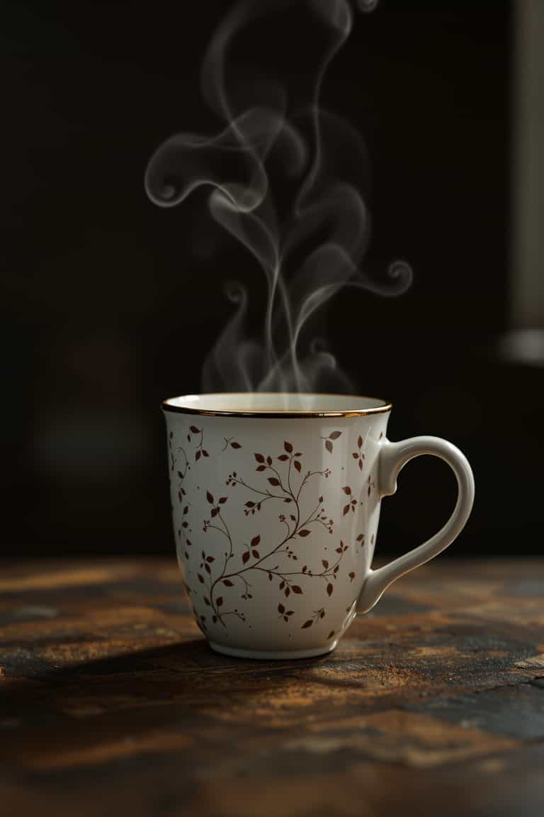 Steaming Comfort: A Floral Mug on Rustic Wood