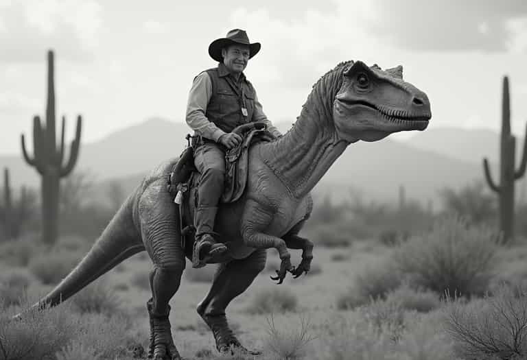 **Cowboy on a Dinosaur in the Desert**