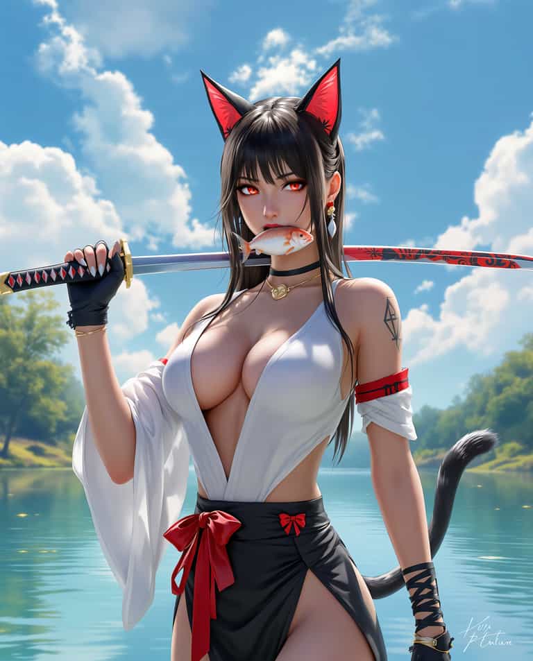 Katana-Wielding Cat Girl by the Lake