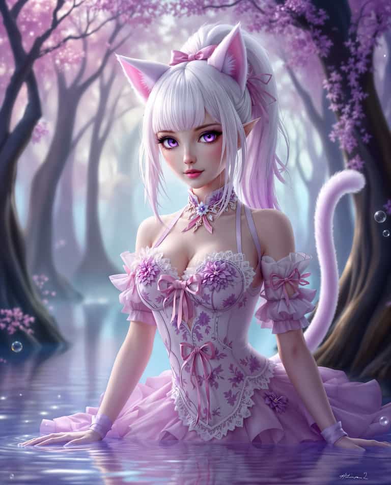 Whimsical Cat-Eared Maiden in Enchanted Forest