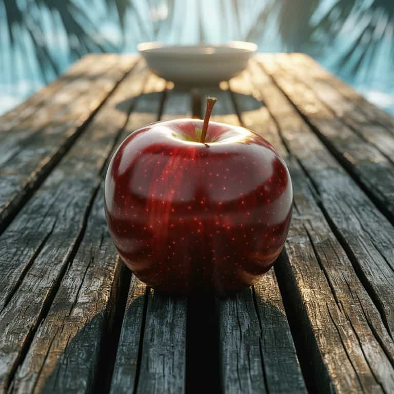 Shiny Apple on Weathered Wood in Tropical Light