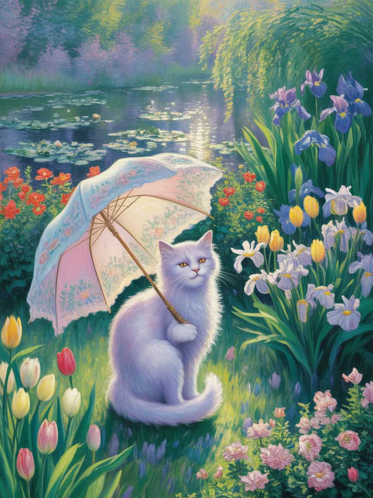 Whimsical Garden Cat with Parasol