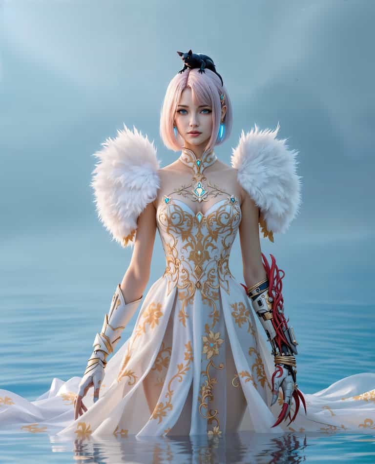 **The Cybernetic Enchantress in Tranquil Waters**