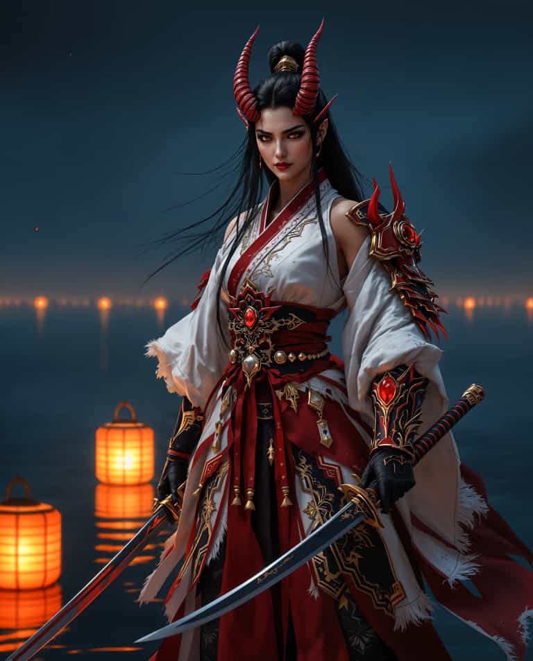 Demonic Warrior Amidst Tranquil Lanterns