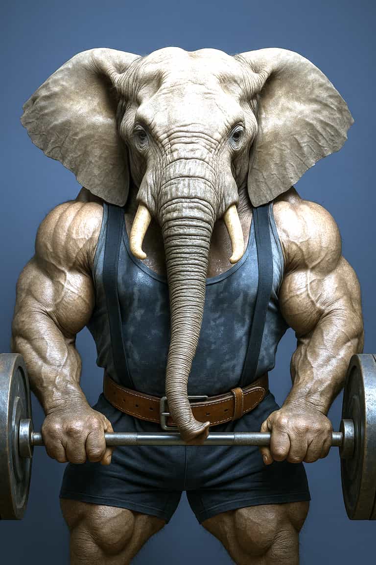 **Elephant Bodybuilder: A Surreal Strength Display**