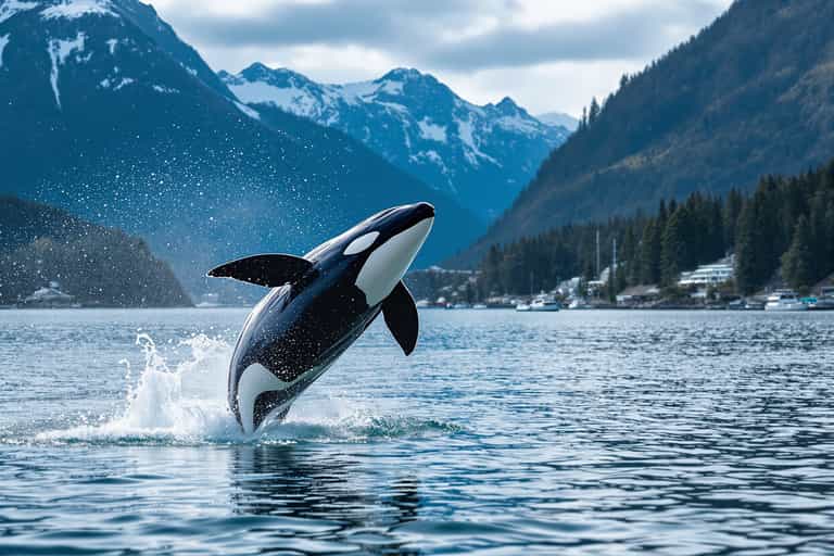 Leaping Orca in Mountainous Fjord