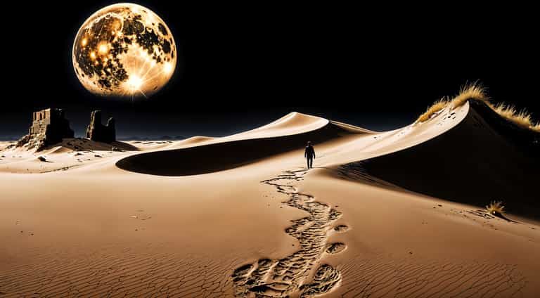 Lone Wanderer Under a Surreal Moon
