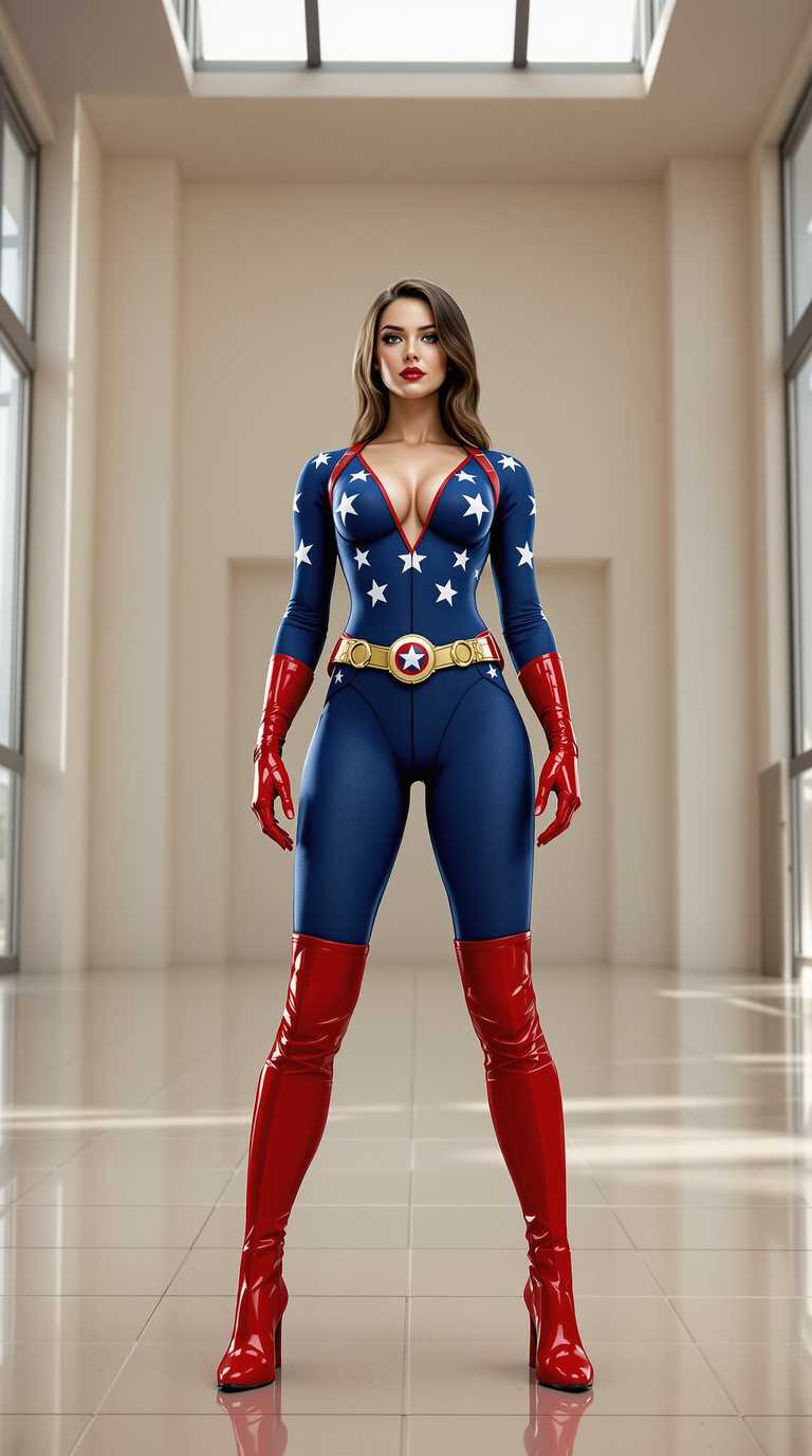 Patriotic Superhero in Modern Hallway