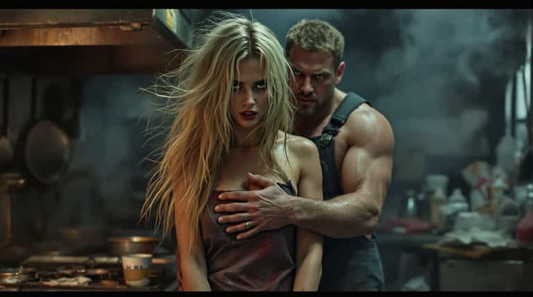 AI-generated image: This cinematic 8K shot features a striking half-body shot of a beauty, realistic young woman in her 