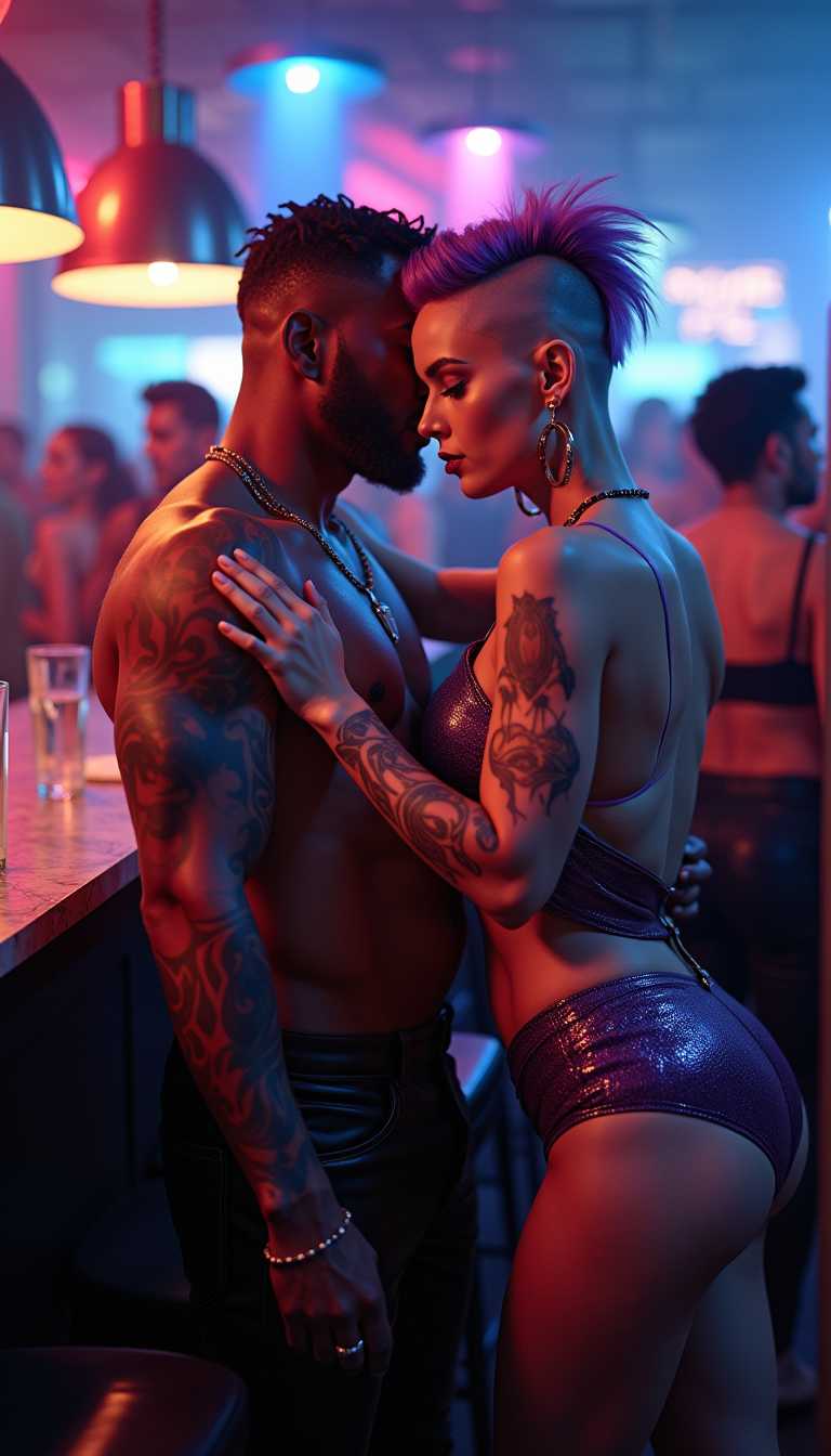 AI-generated image:  A high-fashion editorial shot of a Russian woman dancing and posing at the bar hugged from behind b