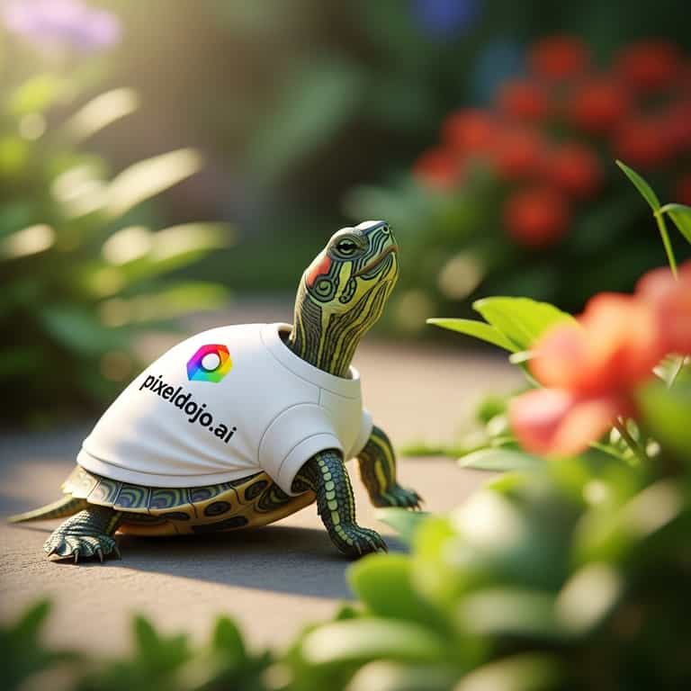 AI-generated image: a turtle that is wearing a shirt that says pixeldojo.ai