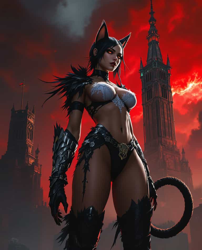 AI-generated image: A photorealistic digital painting of a striking female humanoid character with catlike ears and a ta