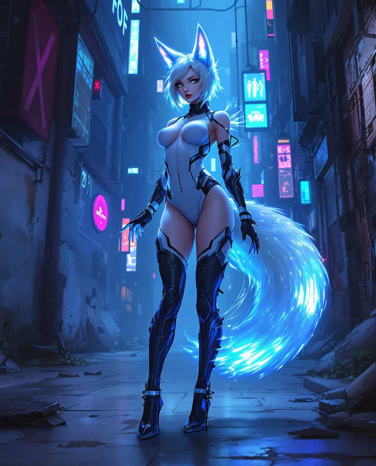 AI-generated image: A stunning digital painting of a female humanoid character with cyberpunk influences, featuring a fo